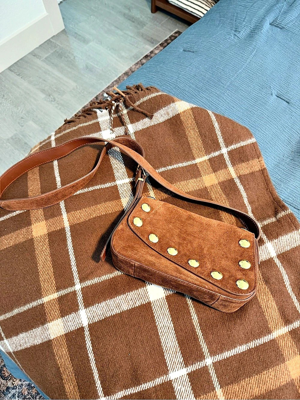 Madewell Crossbody Shoulder Bag in Studded Suede Brown
